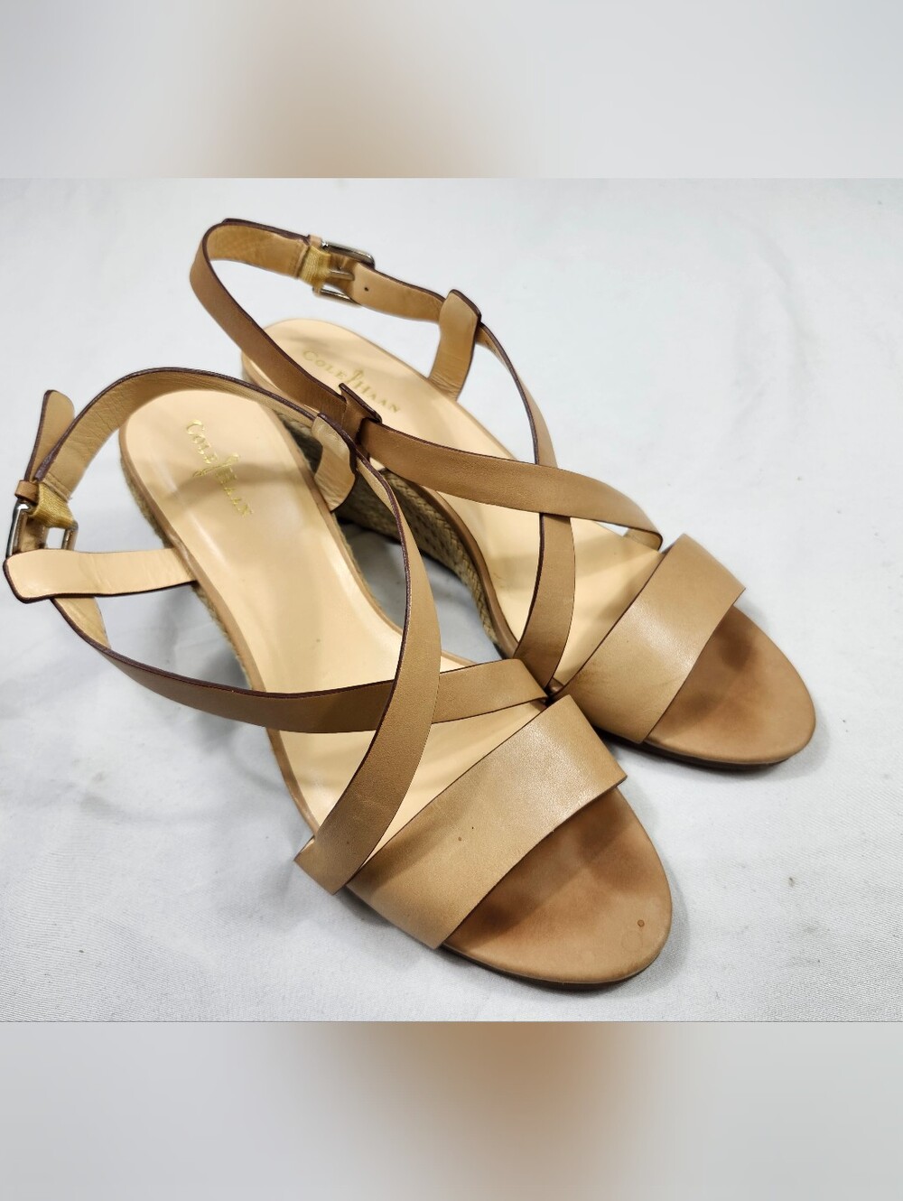 Cole Haan Womens 8.5 B Tan Leather Cross-Strap Wedge Yarn Sandals